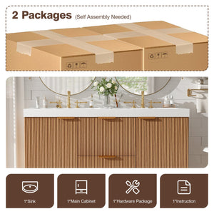 English Elm [video]47.24 Inch Floating Double Sink Vanity Mdf Cabinet Gold Handles Modern Bath N729P000025N