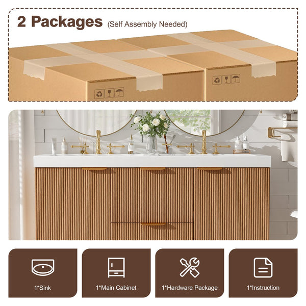 English Elm [video]47.24 Inch Floating Double Sink Vanity Mdf Cabinet Gold Handles Modern Bath N729P000025N