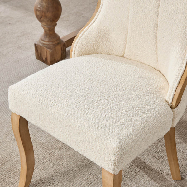 English Elm Snow Velvet dining chair with mid-century curved wood trim, plush foam support, sturdy solid wood craftsmanship and sculpted legs for elegant dining and lounge seating Beige W1143P332691