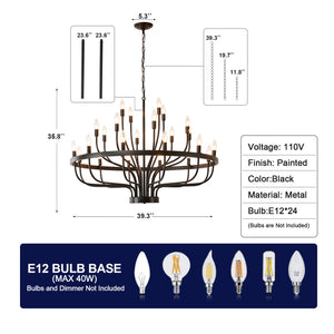 English Elm Industrial Black Metal 24 Arm Candelabra Chandelier for Dining Room or Vaulted Space W2991P406719
