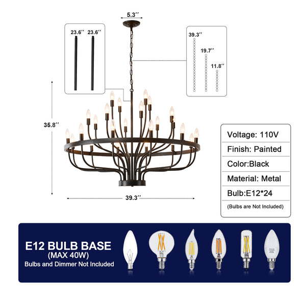 English Elm Industrial Black Metal 24 Arm Candelabra Chandelier for Dining Room or Vaulted Space W2991P406719