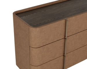 Sunpan JAMILLE Dresser - Contemporary Cream Faux Leather & Oak Veneer Storage with Six Spacious Drawers 112261