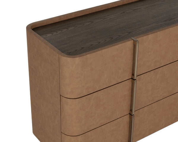 Sunpan JAMILLE Dresser - Contemporary Cream Faux Leather & Oak Veneer Storage with Six Spacious Drawers 112261