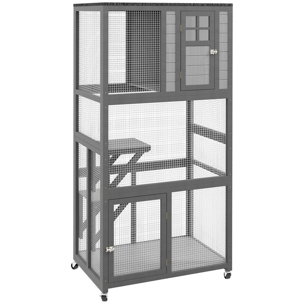English Elm Pawhut Weatherproof Wooden Catio Outdoor Cat Enclosure with Wheels Multi-level Design W2225P229469