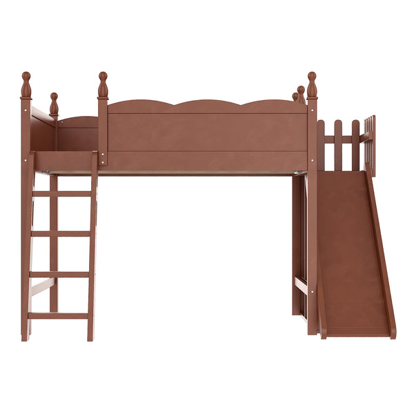 English Elm Twin Loft Bed Solid Pine Frame with Wardrobe Shelving Detachable Slide Kids Room Antique Natural W5305S00025