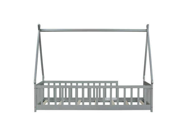 English Elm Twin Tent-Shaped Floor Bed With Guardrails, Grey Teepee Design For Safe Playful Sleep & Comfort W504P345774-GIGA