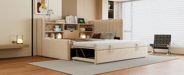 English Elm Twin Upholstered Daybed with Pull-Up Trundle, Velvet High Back with Shelves, Flip Storage & USB Beige SF000194AAA