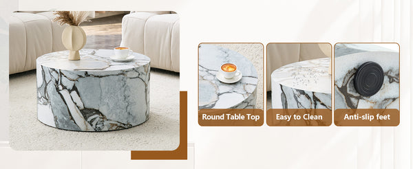 English Elm Cave Stone Patterned Mdf Round Coffee Table for Minimalist Industrial Living Rooms White W1151P460955