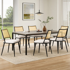 English Elm Dining Chairs Mid-Century Modern Rattan Backrest Bouclé Upholstered Metal Frame Comfortable Design LIGHT GREY T3623P379924