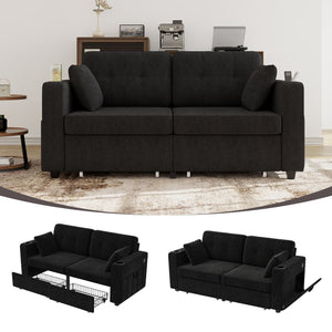 English Elm Sofas for Living Room Chenille Three Seat Couch with Usb Charging Storage and Cup Holder Black W395S00144