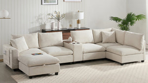 English Elm 139'' U-shaped Corduroy Sectional with Ottoman Console Usb Port and Cup Holders for Living Beige N723S1166A