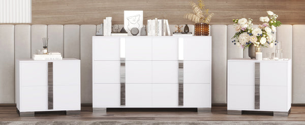 English Elm 3-Pieces Mirrored 6-Drawer Dresser and Two Nightstands with Sleek Metal Legs for Modern Living White 54.25 L x 20.75 W x 8.5 H N733S307938W