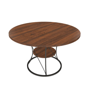 English Elm 43 Inch Expandable Round Dining Table Walnut Veneer Seats Six with Metal Storage Shelf Walnut+Black W2700P411580