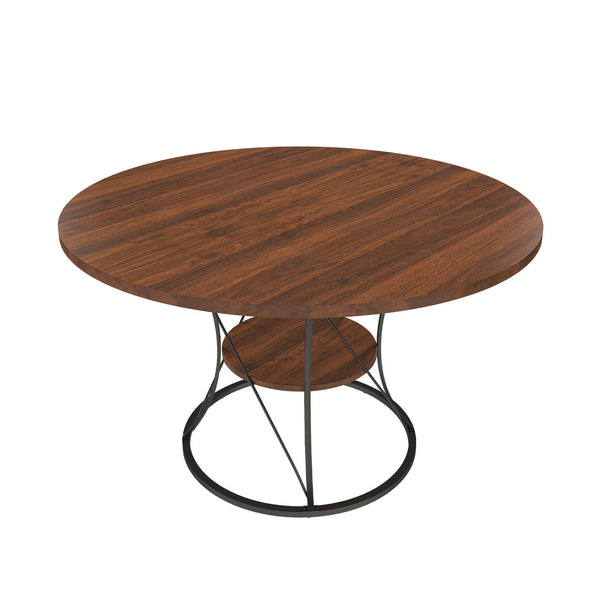 English Elm 43 Inch Expandable Round Dining Table Walnut Veneer Seats Six with Metal Storage Shelf Walnut+Black W2700P411580