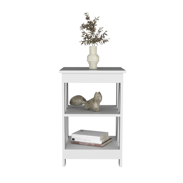 English Elm 3-Tier Engineered Wood End Table with Cross-Brace Legs, Compact Nightstand with Ample Shelving Space White 34.6 L x 20.8 W x 3.14 H B097P199749