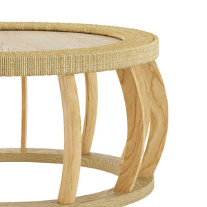 English Elm 35.43"vintage Woven Rattan Round Coffee Table Curved Wood Legs Boho Living Room W757P383547