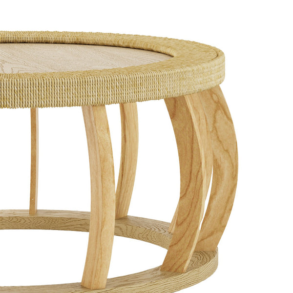 English Elm 35.43"vintage Woven Rattan Round Coffee Table Curved Wood Legs Boho Living Room W757P383547