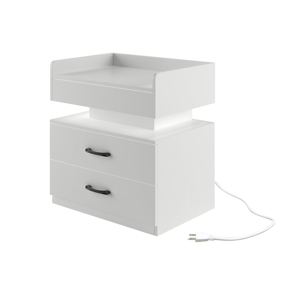 English Elm 1 Nightstand with Remote LED Strip Light, Two Drawers and Spacious Storage for Cozy Ambient Bedrooms White W368P239008
