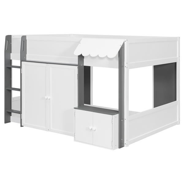 English Elm Twin House Loft Bed with Pull Out Rolling Desk Stair Drawers and Cabinet Storage White+Gray N820S00074E