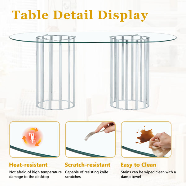 English Elm Table and Chair Set Oval Tempered Glass Top Six Seat Contemporary Dining Light Gray,Silver,Transparent W1151S04742