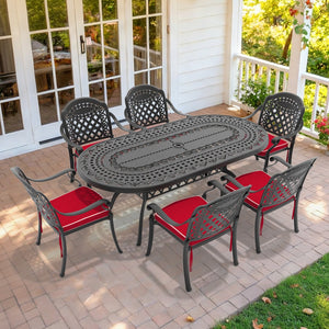 English Elm 7-piece Cast Aluminum Outdoor Dining Set Ornate Patio Table Six Stacking Chairs W1710S00644