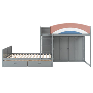 English Elm Full Size Offset Bunk Bed with Wardrobe Hanging Rod Drawers and Upholstered Rail Gray N820S00081E