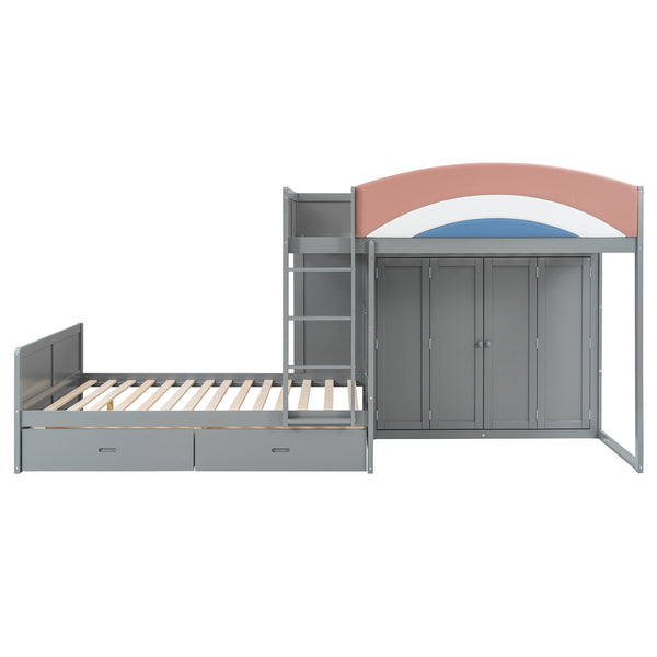 English Elm Full Size Offset Bunk Bed with Wardrobe Hanging Rod Drawers and Upholstered Rail Gray N820S00081E