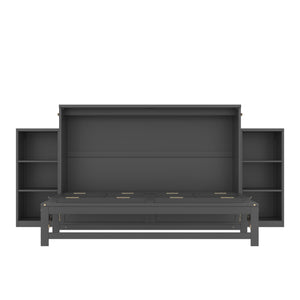 English Elm Queen Murphy Wall Bed with Open Shelves and Drawers for Guest or Office Rooms Dark Gray W5316S00009