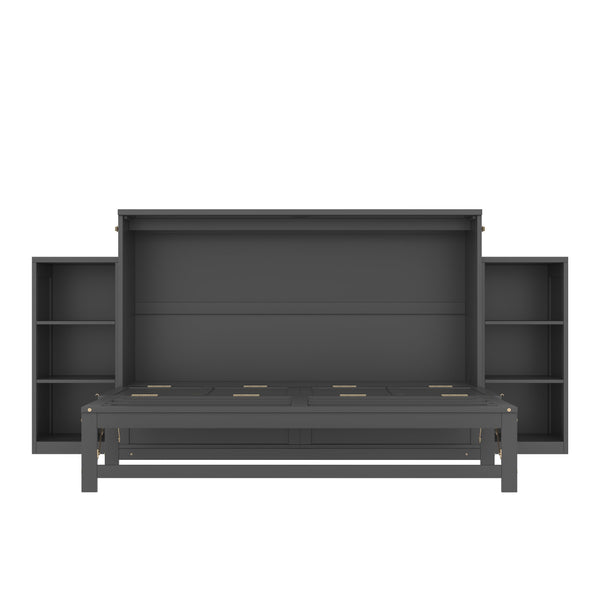 English Elm Queen Murphy Wall Bed with Open Shelves and Drawers for Guest or Office Rooms Dark Gray W5316S00009