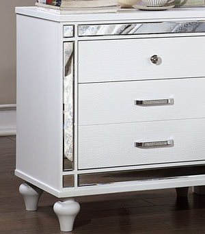 English Elm White Crocodile-Textured Nightstand with Mirror Trim, Felt-Lined Top Drawers & Ornate Bun Feet - Contemporary Bedroom Accent B011P402573