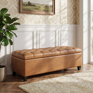 English Elm Ottoman Storage Bench Boucle Tufted Upholstered with Rubberwood Legs Bedroom Entryway N779P369512B