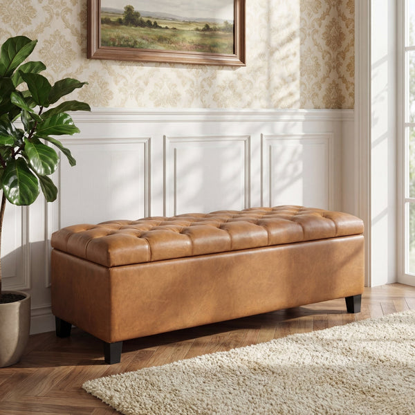 English Elm Ottoman Storage Bench Boucle Tufted Upholstered with Rubberwood Legs Bedroom Entryway N779P369512B