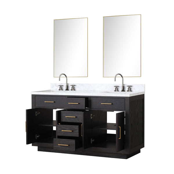 English Elm Black Oak Double Bath Vanity With Carrara Marble Top, Chrome Faucets & 28" Mirrors - Ready To Install! B2731S02172