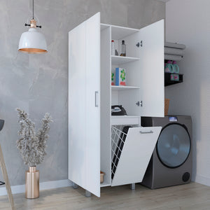 English Elm Iris 71" High Two-Door Broom Closet with Hamper, Slim White Pantry Cabinet for Laundry & Cleaning Supplies B200S00452