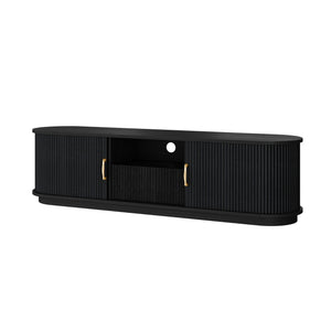 English Elm Vintage Farmhouse Media Console with Slatted Sliding Doors and Brass Hardware for Living Room Black N721P427206B