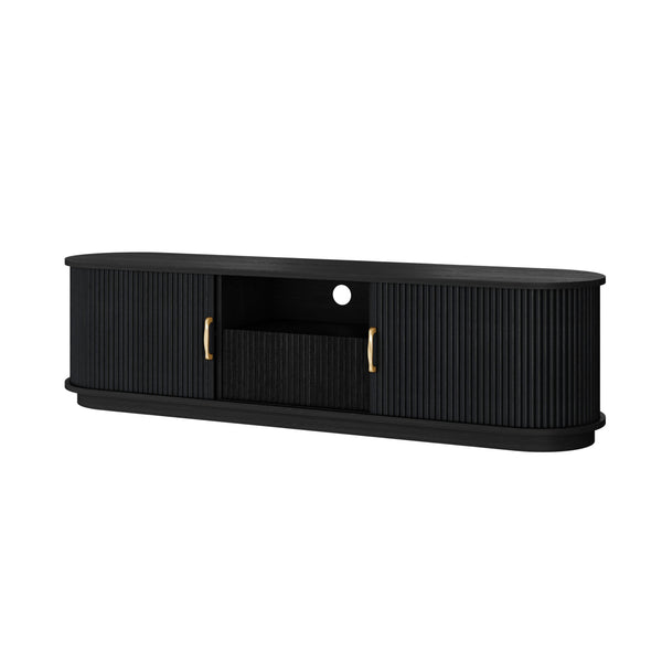 English Elm Vintage Farmhouse Media Console with Slatted Sliding Doors and Brass Hardware for Living Room Black N721P427206B