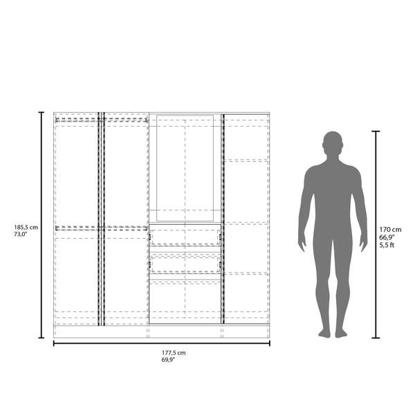 English Elm Canyon Modern Wardrobe Organizer with Mirror, Double Hanging Rods, Drawers & Open Shelves White B128S00180