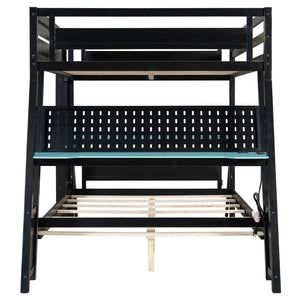 English Elm Full Size Gaming Bunk Bed with Dual Desks Usb Charging Ports and Pegboard Storage Blue LT000274AAC