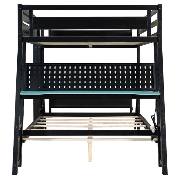 English Elm Full Size Gaming Bunk Bed with Dual Desks Usb Charging Ports and Pegboard Storage Blue LT000274AAC