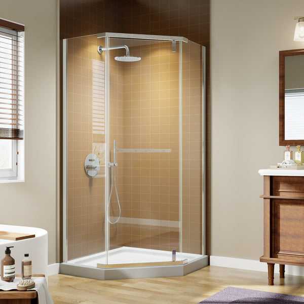 English Elm Corner Frameless Neo-angle Pivot Shower Enclosure with Tempered Glass and Sleek Hardware Brushed Nickel W637P348806