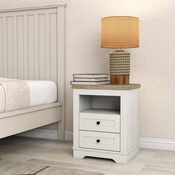 English Elm Farmhouse Rustic Nightstand with 2 Drawers and Open Shelf, Sturdy Wood-End Table for Bedroom Charm White+Oak 22.44 L x 20.79 W x 6.89 H W3151P264505