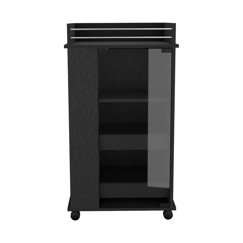 English Elm Baltimore Black Bar Cart with Glass Door, 2 Side Shelves, Casters for Mobile Cocktail Service, Organized Beverage Station B070P188862