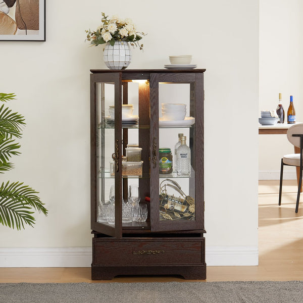 English Elm Lighted Glass Curio Cabinet - Elegant 2-Door Display With Adjustable Shelves & Integrated Lighting, Cherry W1758P300116