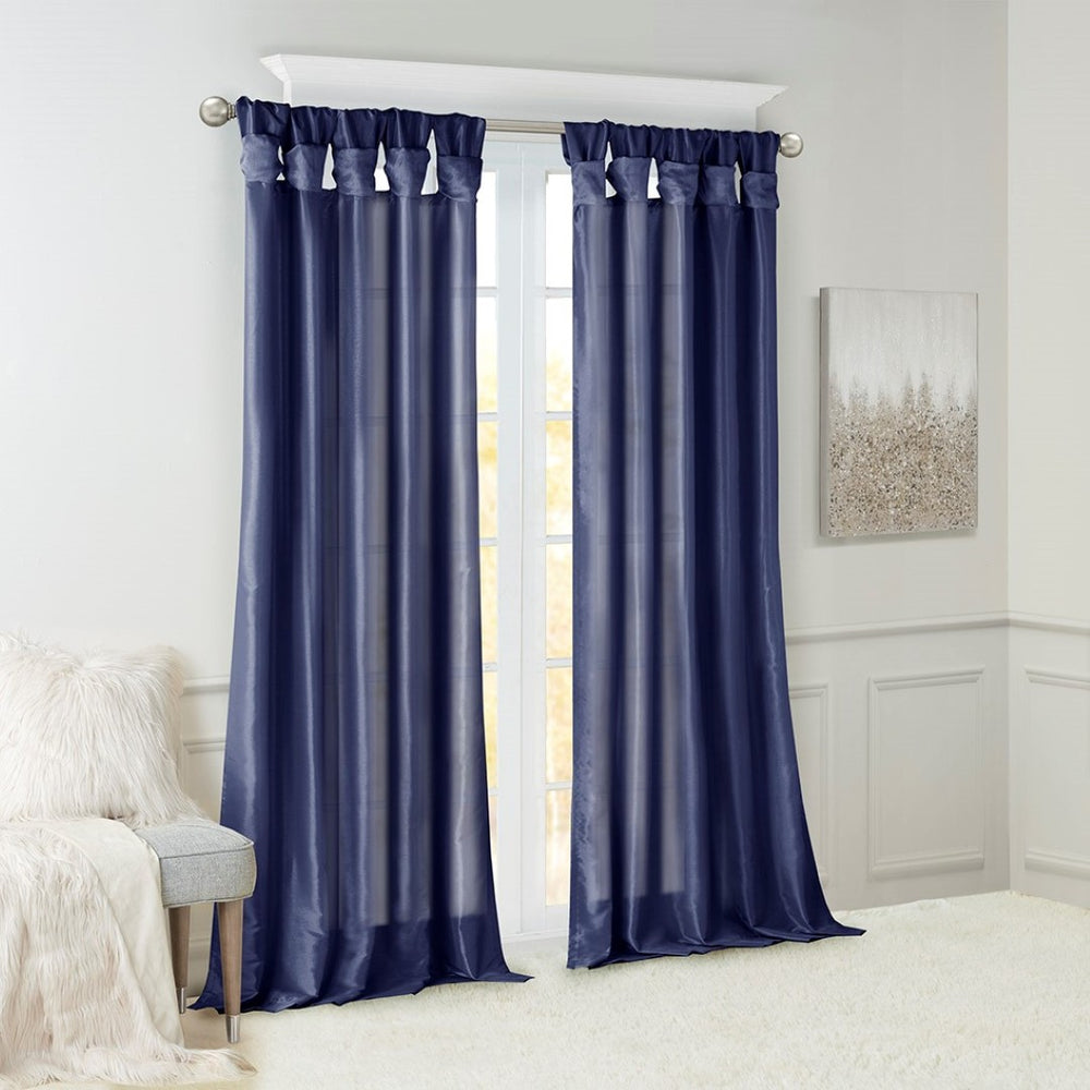 English Elm Twist Tab Lined Faux Silk Window Curtain Panel In Navy, 50X108" - Elegant Design, Enhanced Privacy B03598205-GIGA