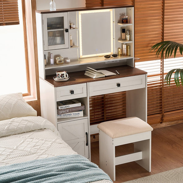 English Elm Farmhouse Makeup Vanity Desk with Lighted Mirror, Built-In Charging Station, Ample Storage and Stool White N844P291652M