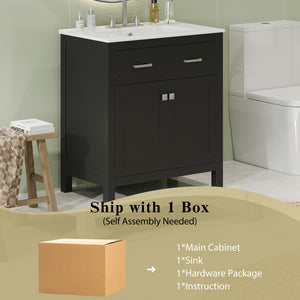 English Elm 30" Modern Bathroom Vanity with Ceramic Sink and Soft-Close Doors, Solid Wood MDF Build, Sleek Handles Black N729P263155B
