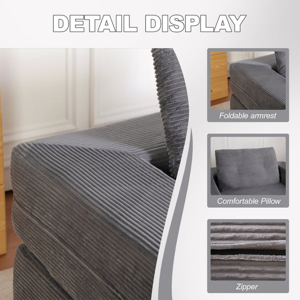 English Elm Compression Human Dog Sofa Bed 3-in-1 Folding Corduroy Floor Couch with Memory Foam Pillow for Living Room DARK GREY W3723P376784
