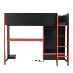 English Elm Wood Twin Gaming Loft Bed with Desk, Wardrobe, LED Lighting & Drawer — Space-Saving Black Red Accent, 400lb Capacity N7090004010B