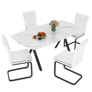 English Elm Modern-style Marble Glass Dining Table Seats Six with Sleek Black Metal Legs W5123P397512