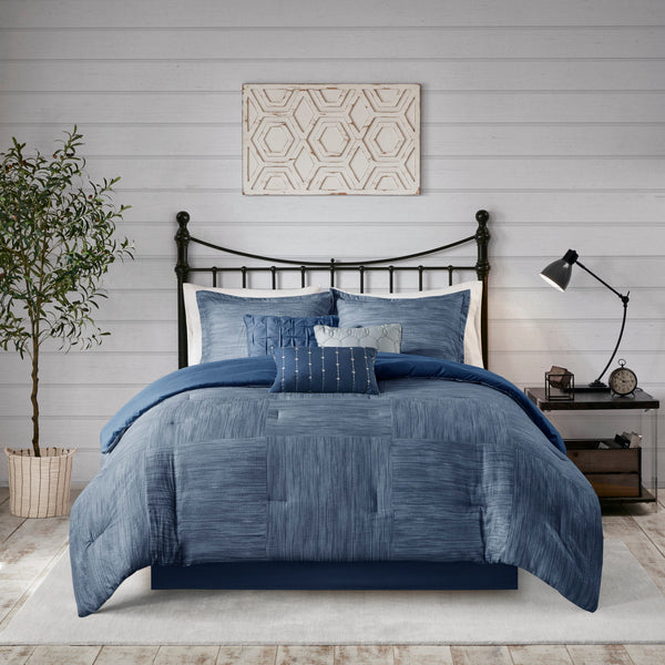 English Elm 7 Piece Printed Seersucker Comforter Set Navy Queen - Madison Park Walter, Hypoallergenic, Machine Washable, Modern Textured Design B03597178
